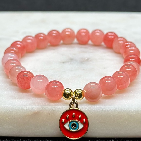 Pink Jade Bracelet - Evil Eye Charm Bracelet - Picture 3 of 3